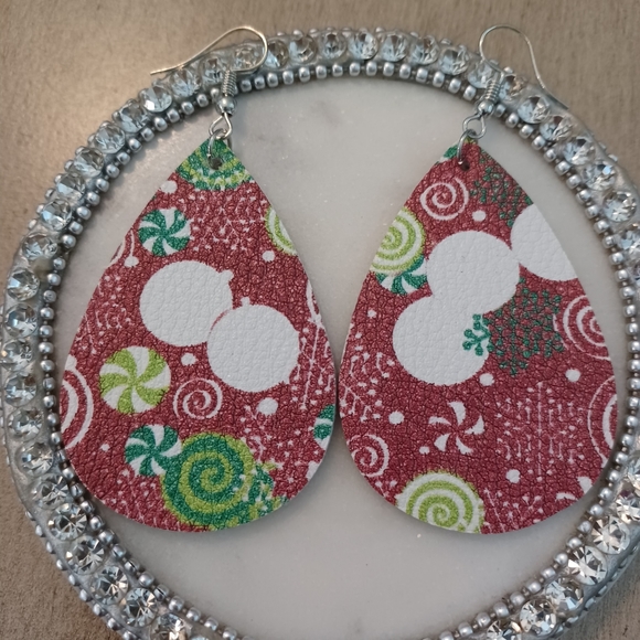 Burgundy Leather Teardrop Holiday Candy Ornaments Dangle Drop Earrings - Picture 2 of 5